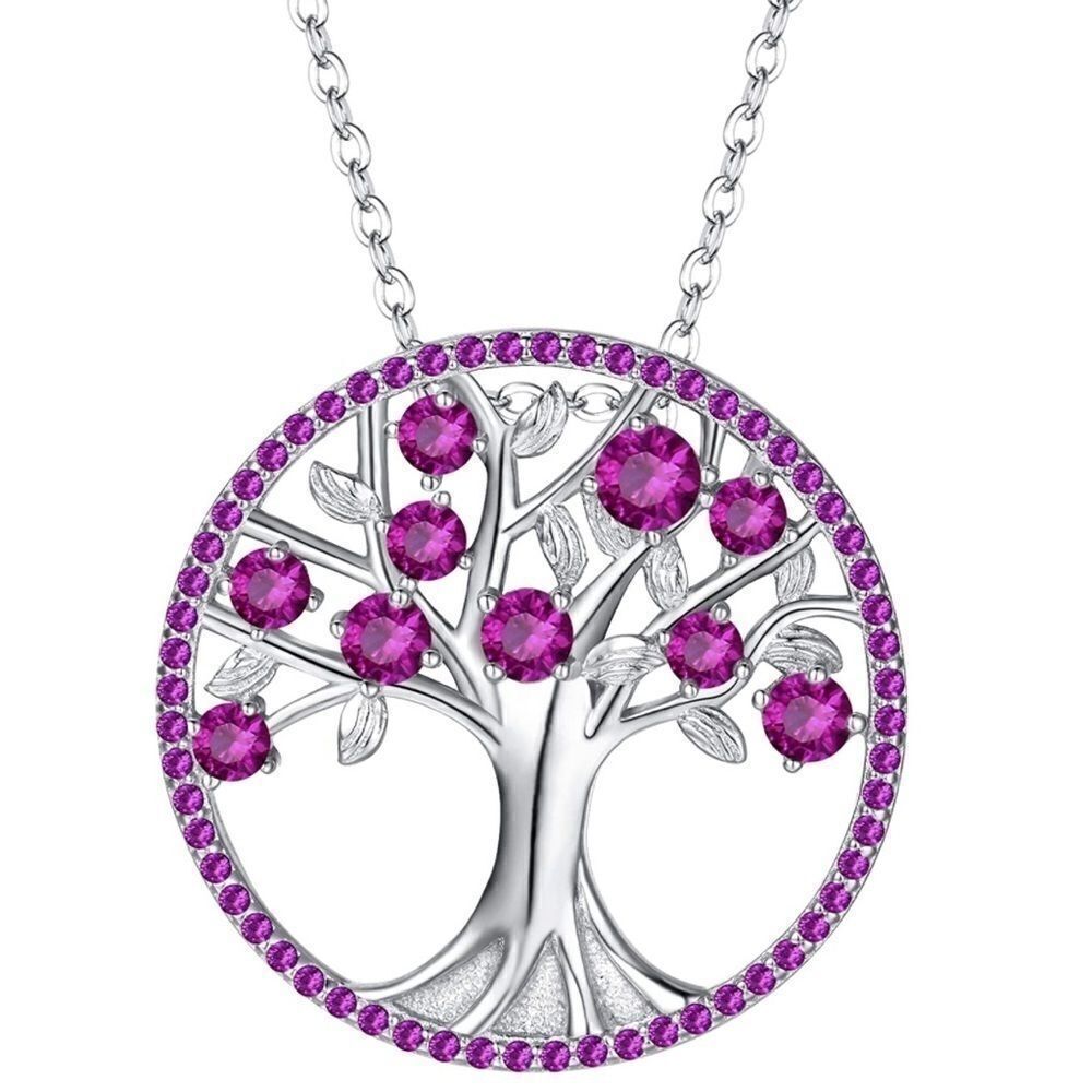 .925 Sterling Silver and Tourmaline Cubic Zirconia Tree of Life Pendant Necklace